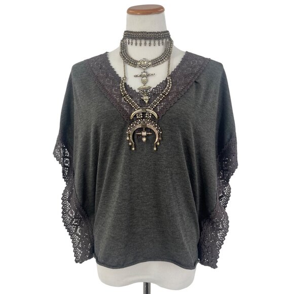 Rue21 Tops - Rue21 Gray Lace Crochet Trim Flutter Sleeve V-Neck Top